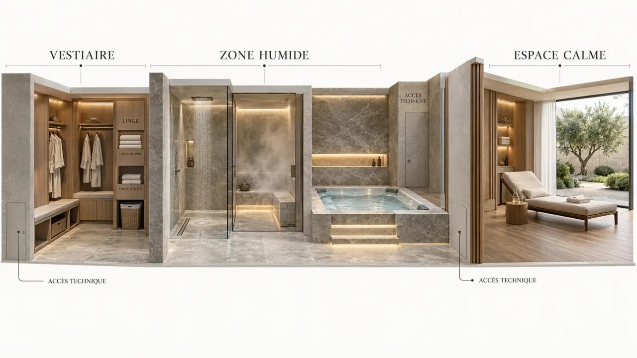 Illustration d’un espace bien-être privatif dans une demeure de prestige organisé en parcours humide et zone de repos