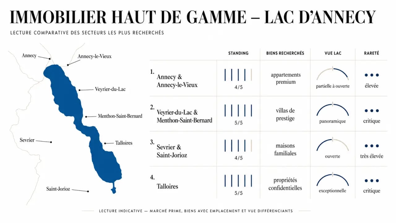 Infographie de l’immobilier annecy vue lac comparant les secteurs autour du lac et leur niveau de standing