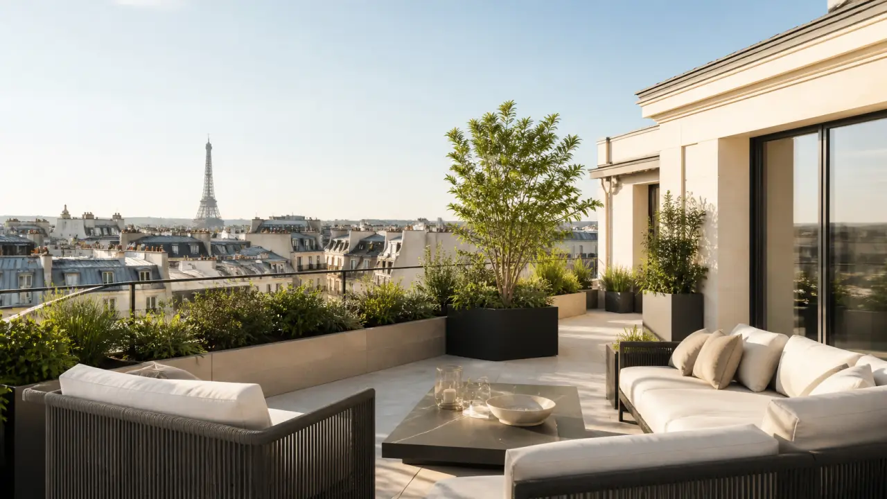 Penthouse de luxe à Paris, vue panoramique et lumière dorée