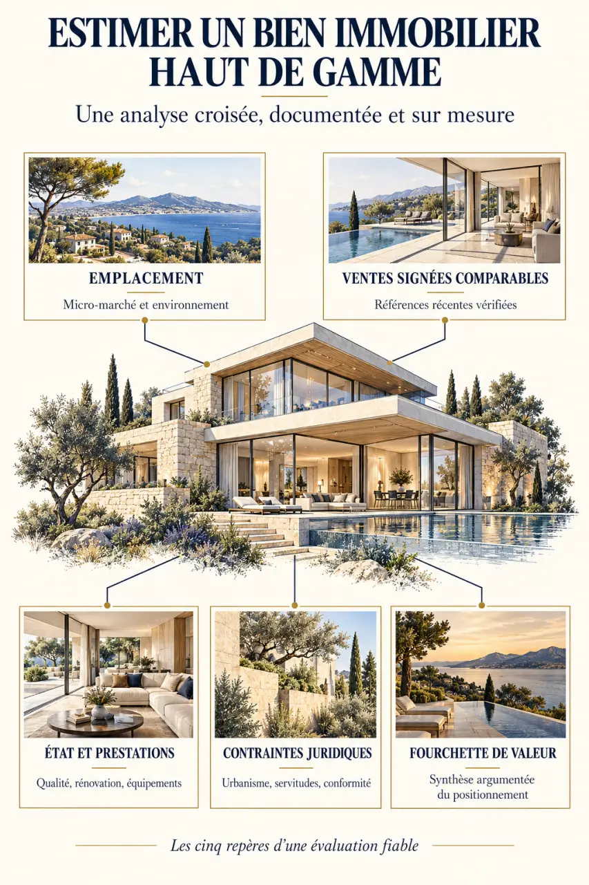 Infographie sur les critères pour estimer un bien immobilier haut de gamme