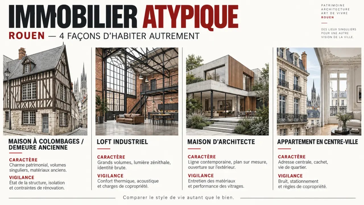 Infographie des typologies d’immobilier atypique à Rouen et de leurs points de vigilance