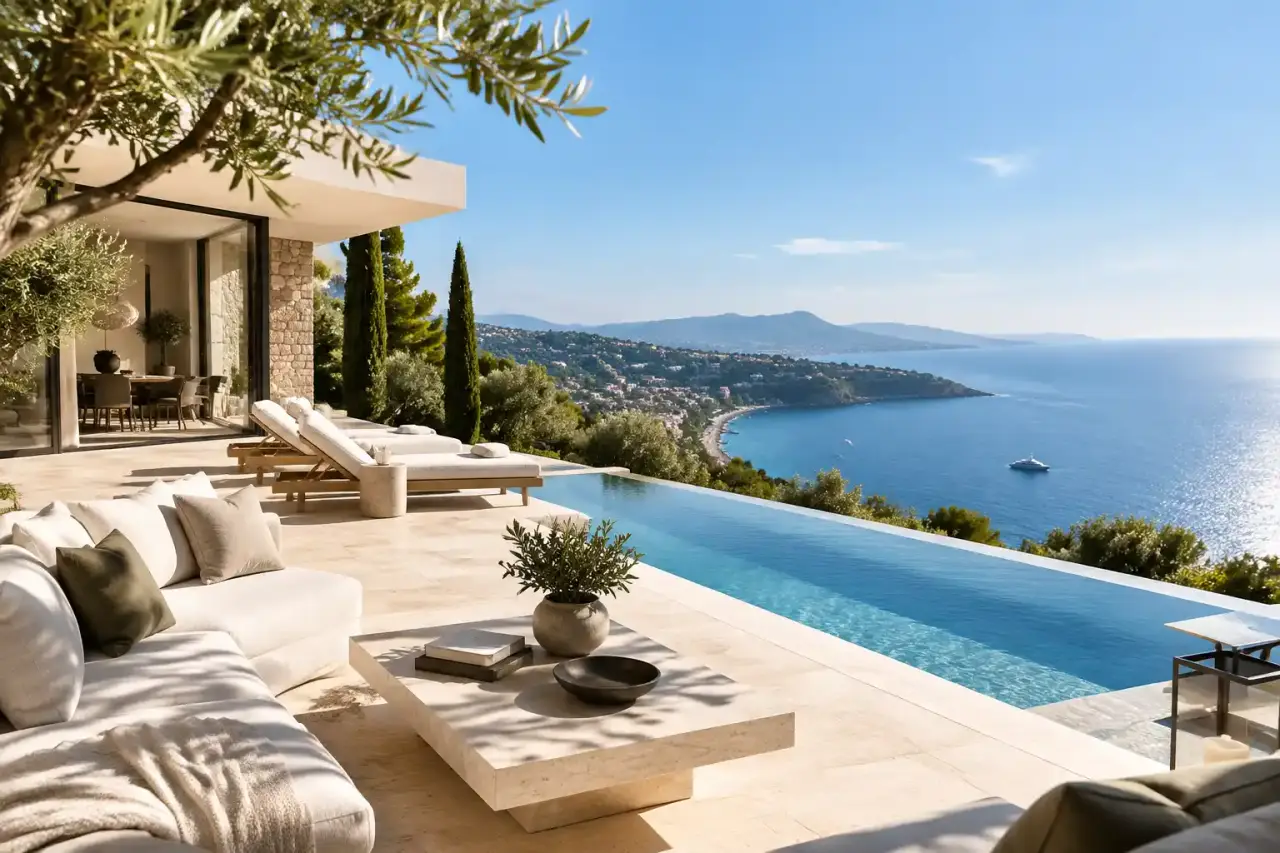 Villa contemporaine de prestige en bord de mer au crépuscule