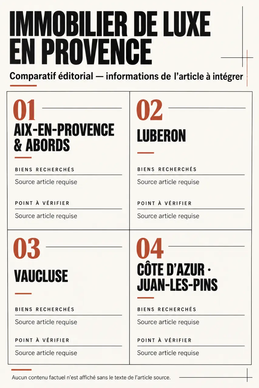 Infographie sur l’immobilier de luxe en Provence comparant Aix-en-Provence, le Luberon, le Vaucluse et la Côte d’Azur