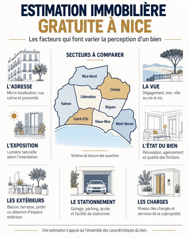 Infographie sur l’estimation gratuite à Nice et les critères qui influencent la valeur d’un bien