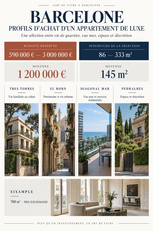 Comparaison visuelle des profils d'achat pour un appartement de luxe à Barcelone selon les quartiers, les surfaces et les budgets