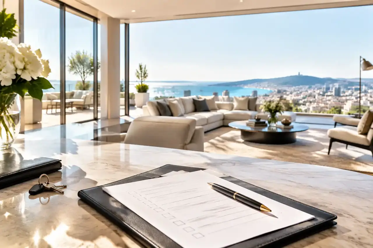 Intérieur élégant d’un penthouse contemporain avec vue panoramique