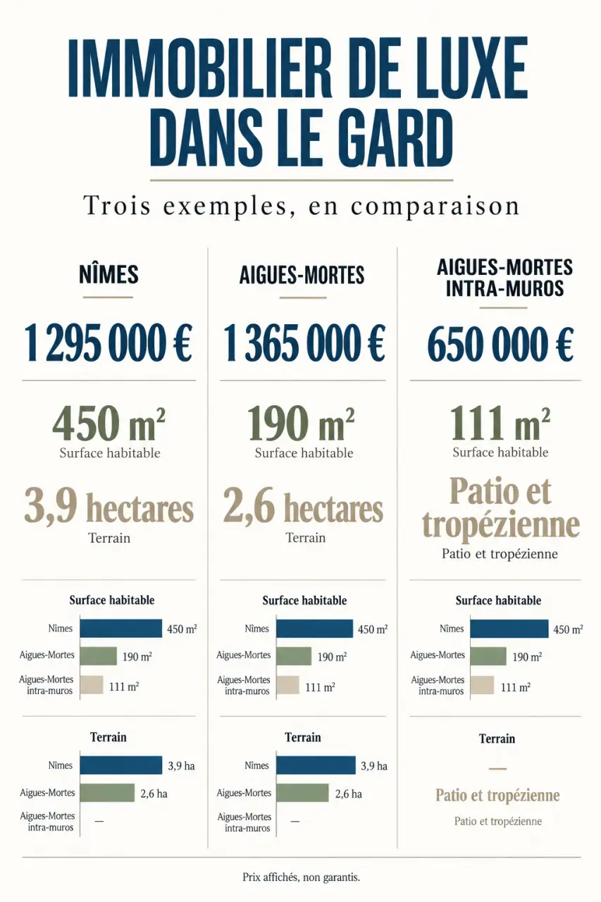 Infographie de comparaison des prix et surfaces dans l’immobilier de luxe dans le Gard
