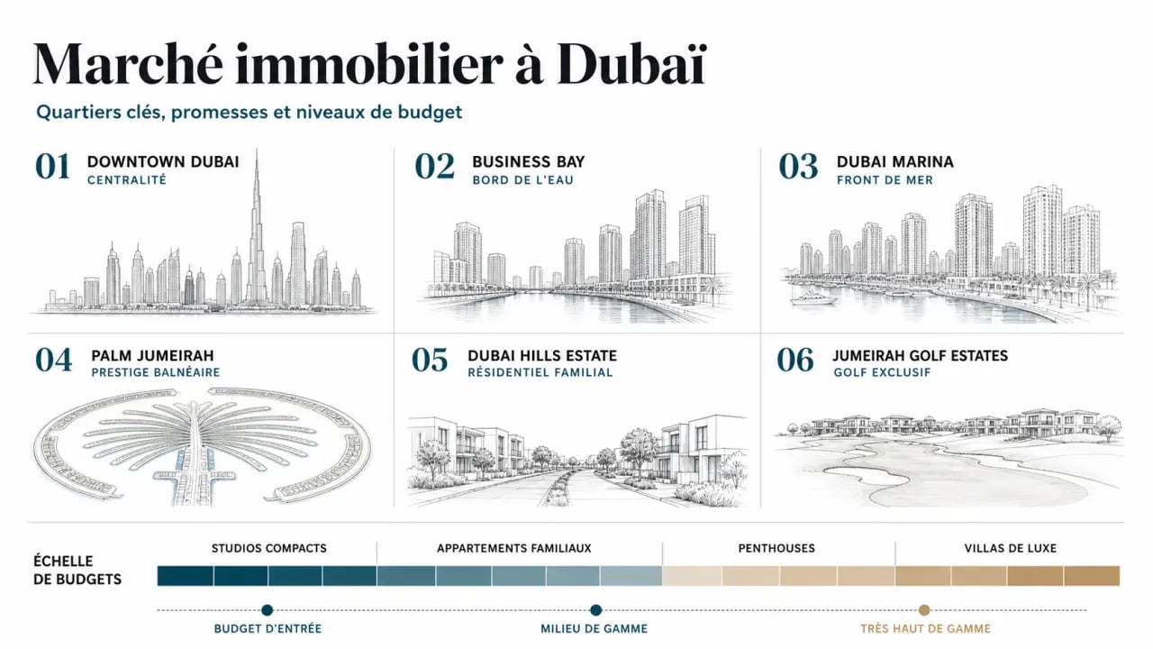 Immobilier dubai : comparaison visuelle des quartiers et des budgets à Dubaï
