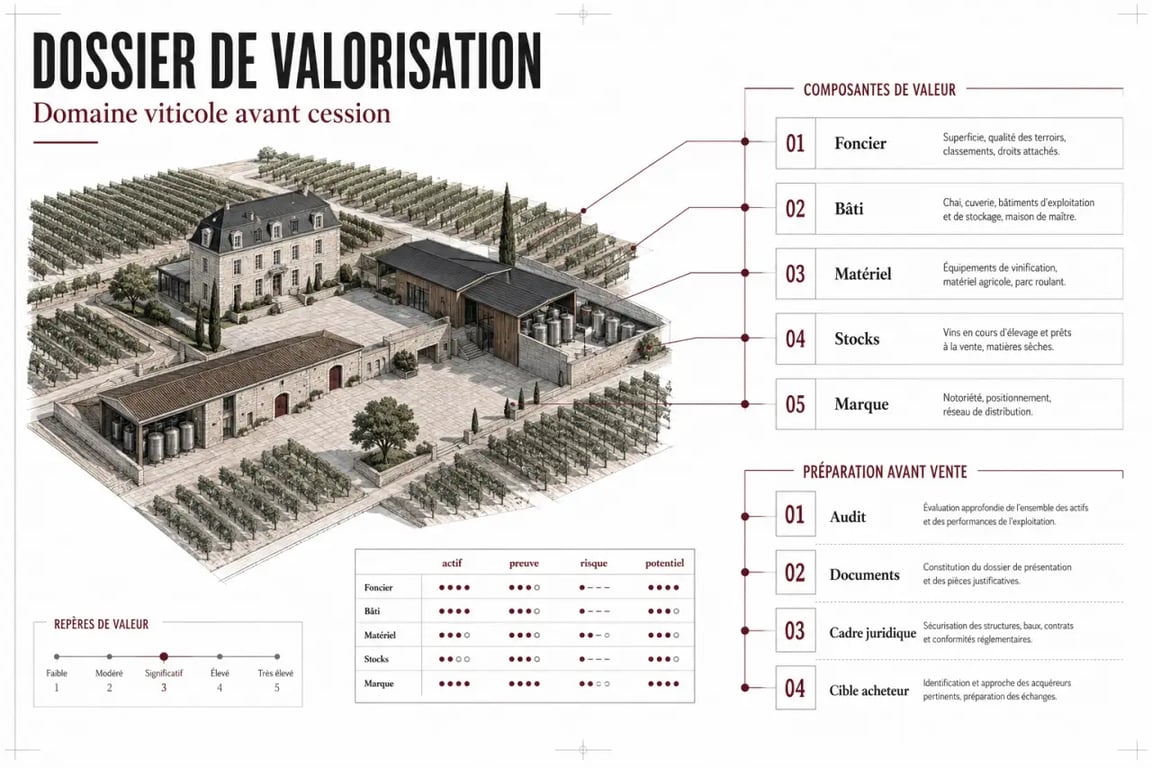Comment valoriser un domaine viticole de prestige avant la vente : schéma des composantes de valeur et des étapes de préparation