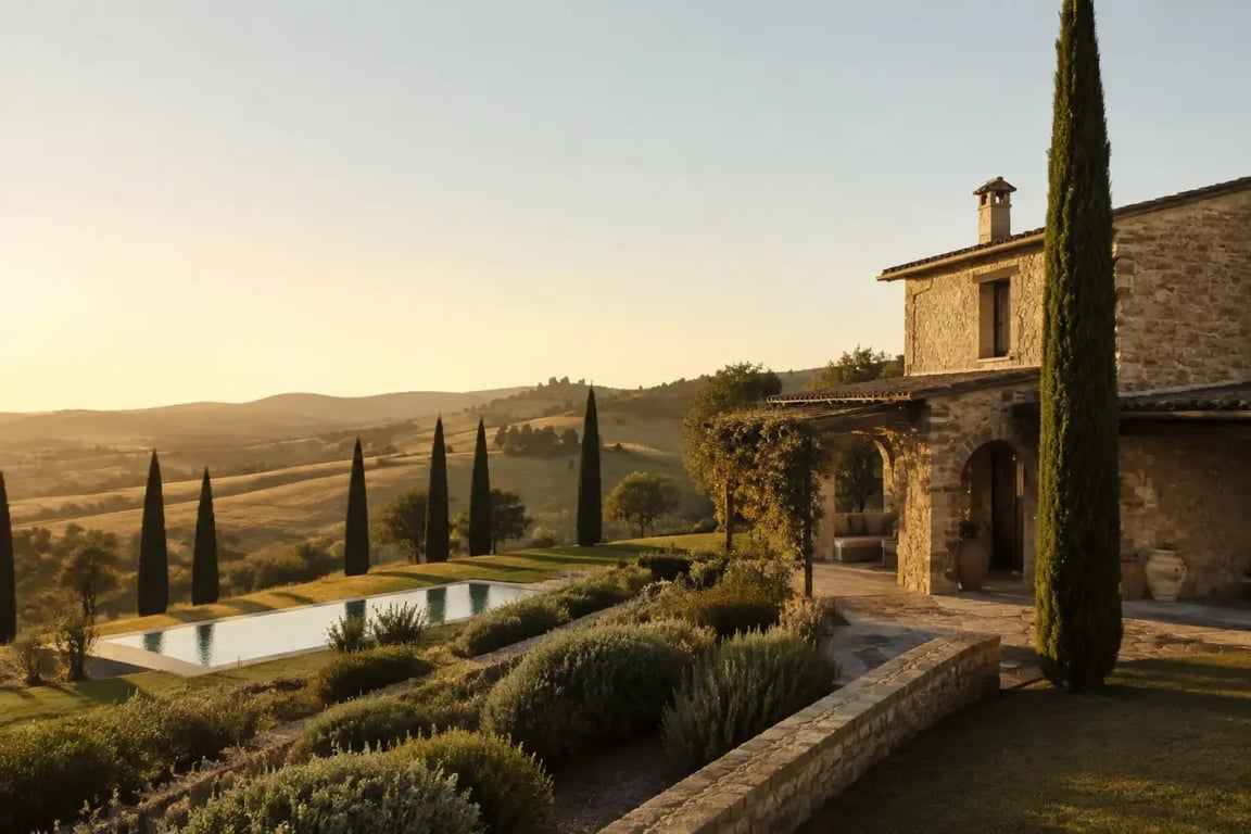 Villas en Toscane avec piscine dans la campagne du Chianti, entre cyprès et collines
