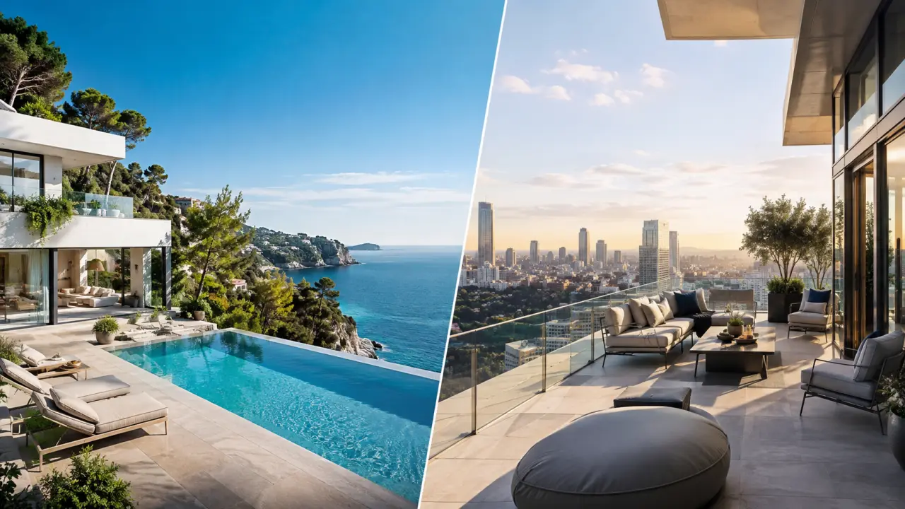 Villa contemporaine en bord de mer au crépuscule avec piscine à débordement