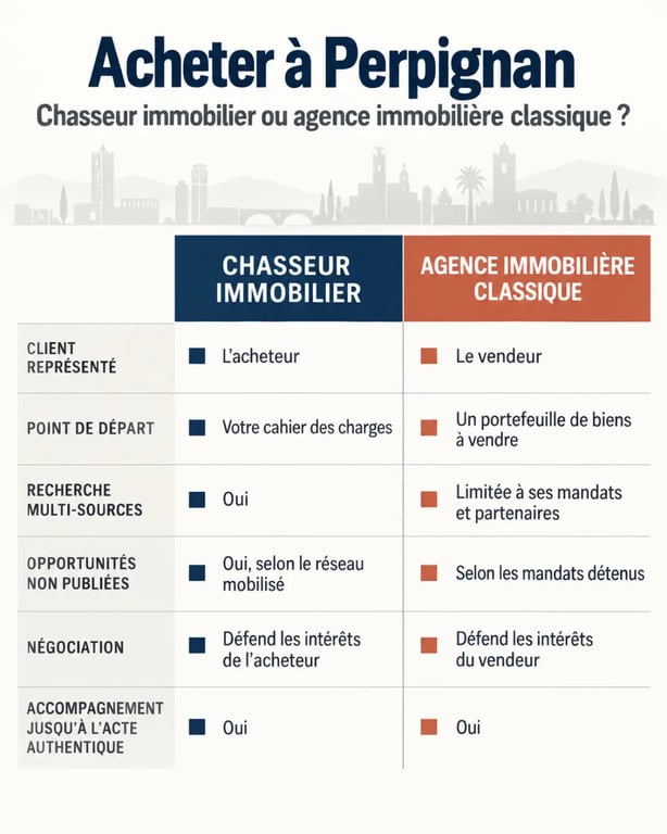 Infographie sur le chasseur immobilier à Perpignan face à une agence immobilière classique
