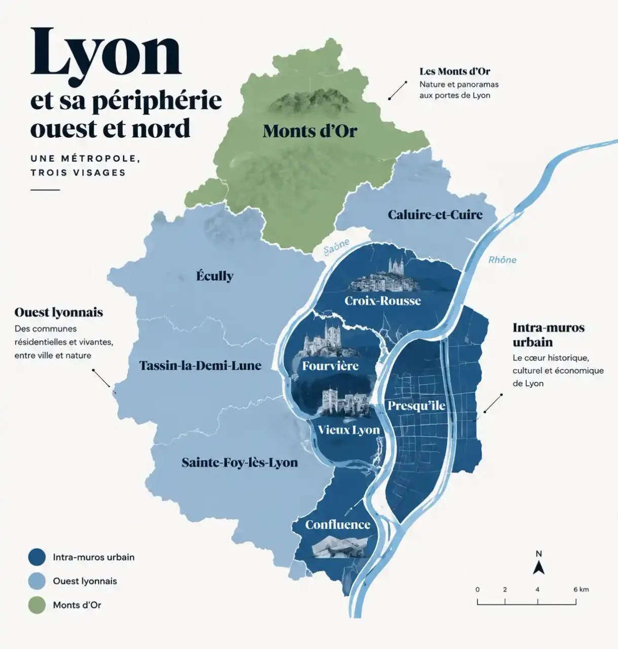 Carte des quartiers et communes de l'immobilier de luxe à Lyon : Presqu'île, Ouest lyonnais et Monts d'Or