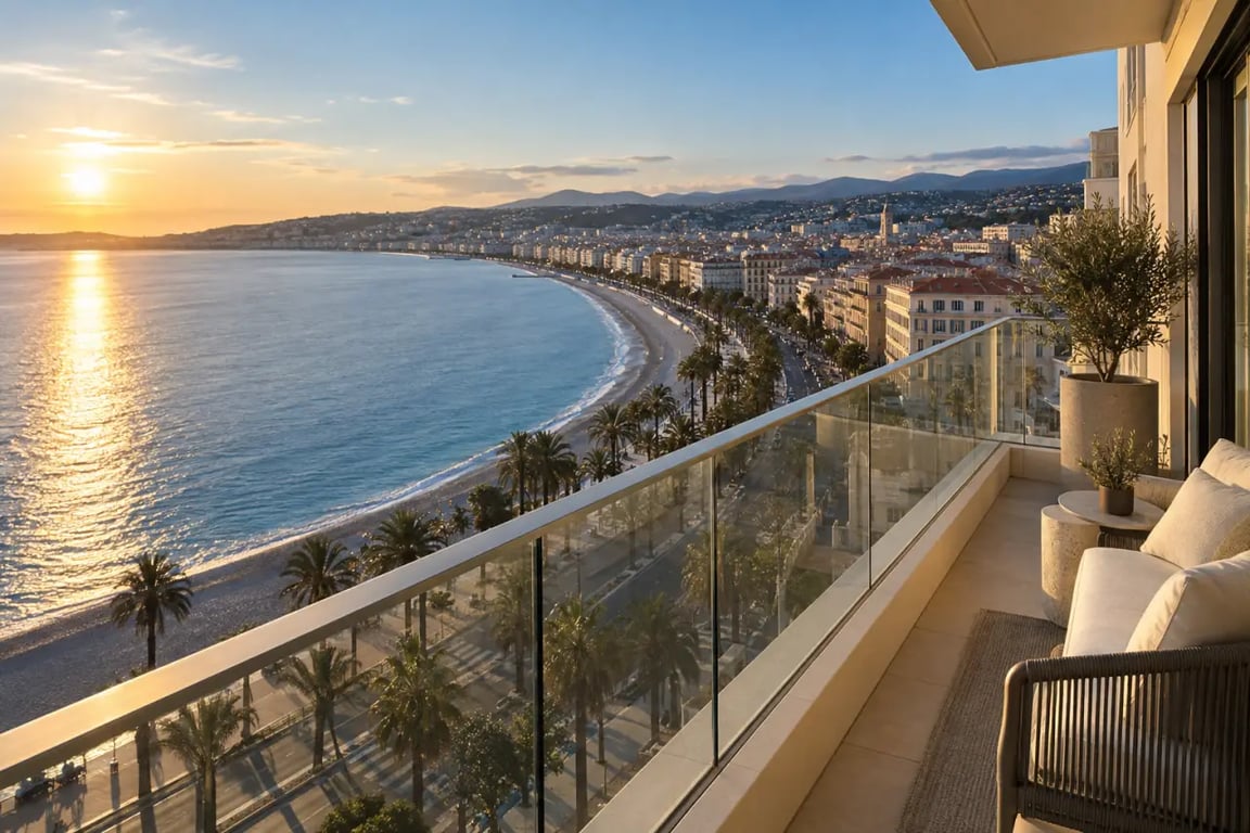 Appartement à vendre Nice Promenade des Anglais vue mer depuis un balcon face à la baie des Anges