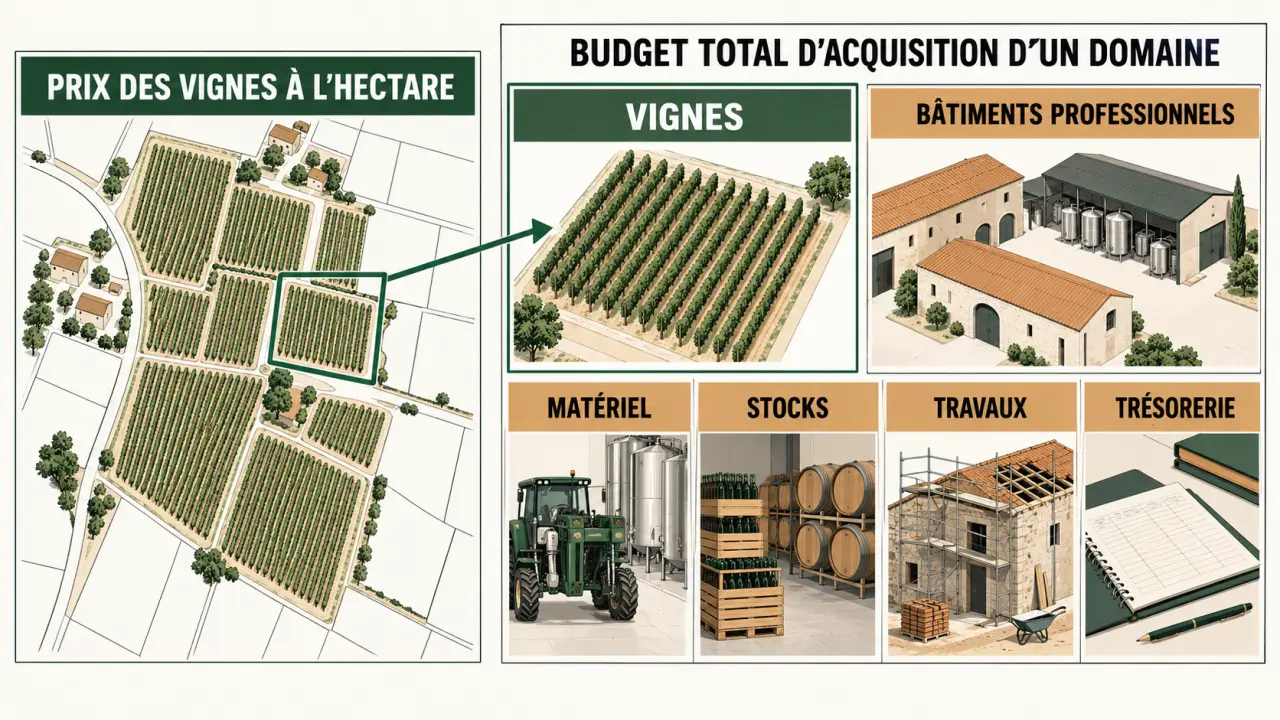 Achat domaine viticole : distinction entre prix des vignes à l'hectare et budget total d'acquisition