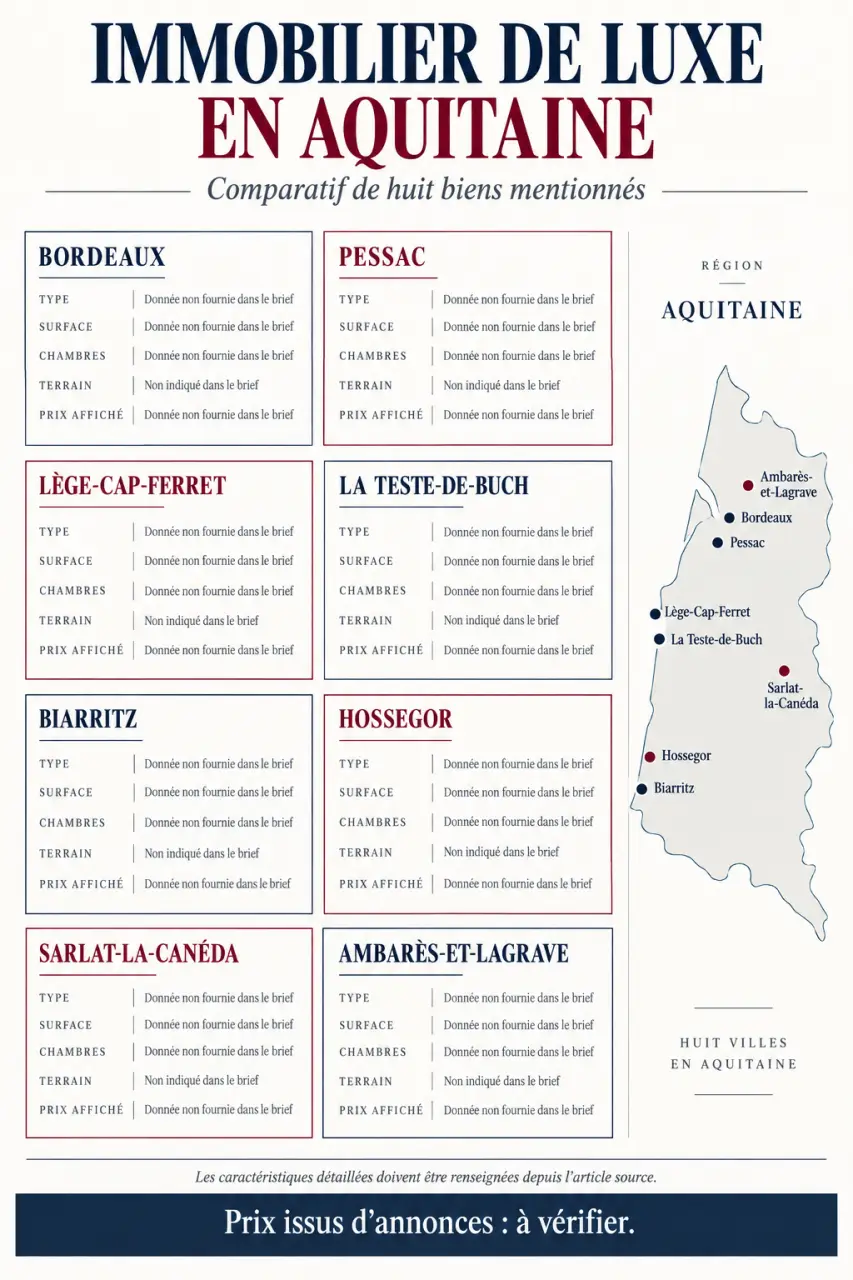 Infographie comparative de biens d'immobilier de luxe en Aquitaine avec prix, surfaces et localisations