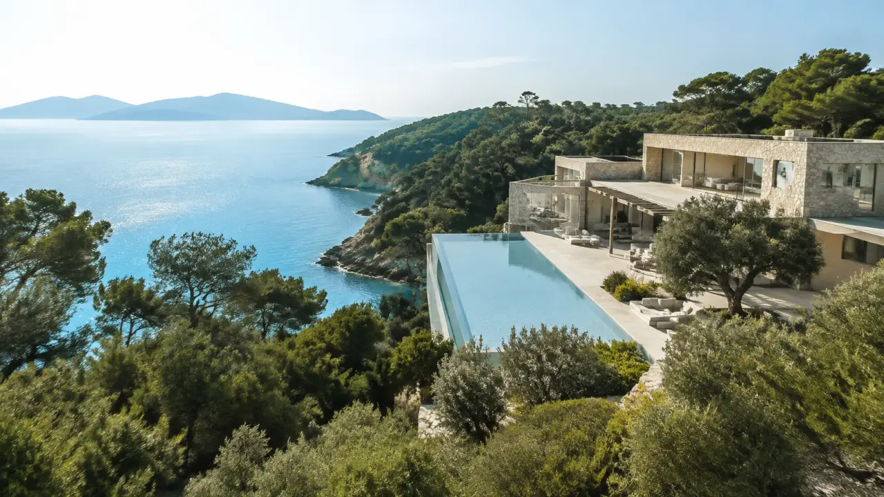 Villa contemporaine d'exception au bord de la mer au crépuscule