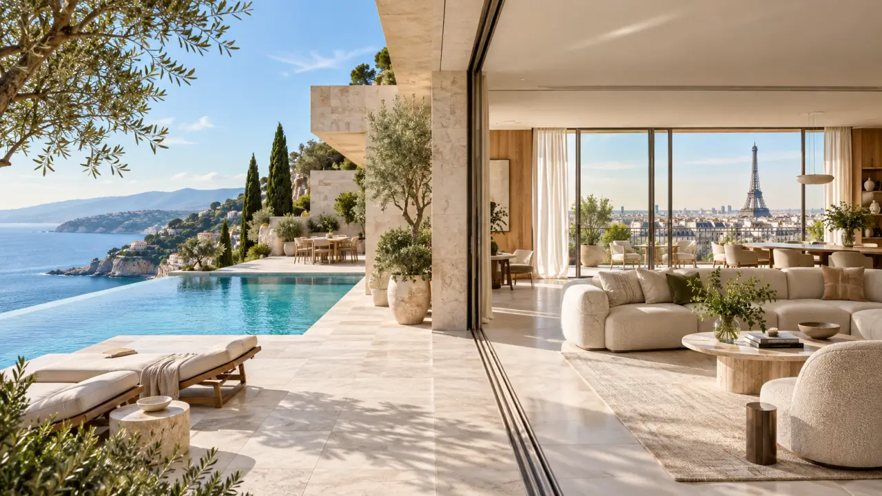 Villa contemporaine en bord de mer au crépuscule, avec piscine à débordement