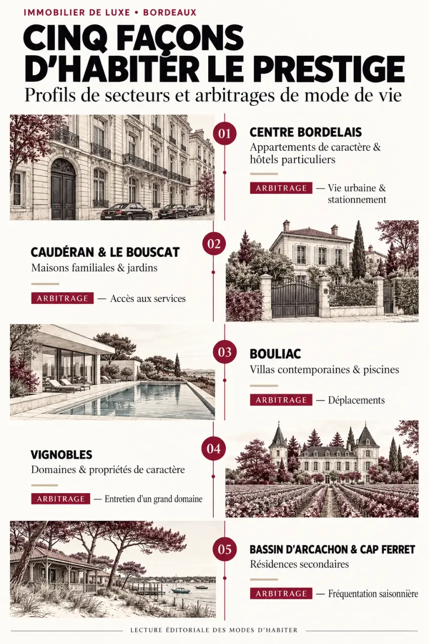 Infographie sur les secteurs de l’immobilier luxe Bordeaux et leurs caractéristiques