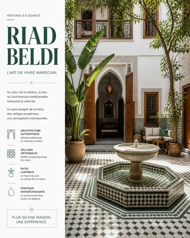 Architecture traditionnelle d'un riad au Maroc à vendre avec patio et zelliges