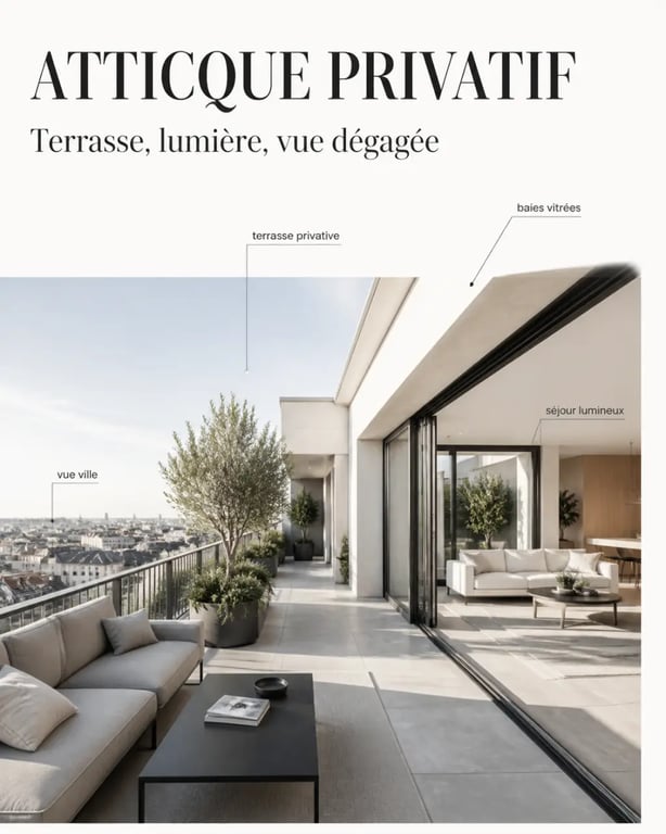 Attique appartement avec grande terrasse, lumière naturelle et vue dégagée sur la ville