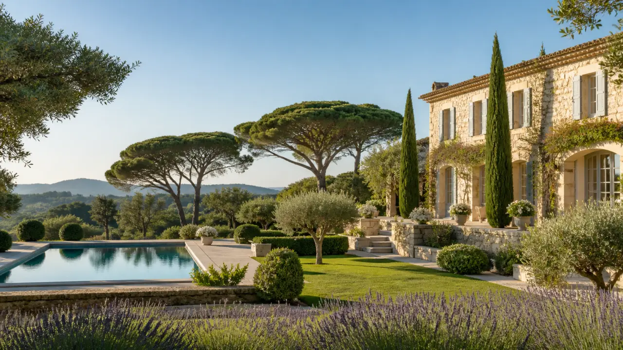 Mas de prestige à Ramatuelle au crépuscule, architecture élégante et vue méditerranéenne