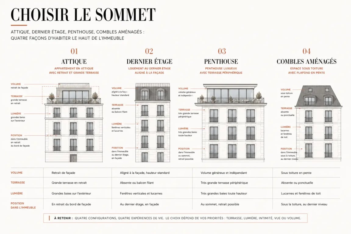 Attique appartement : comparaison visuelle avec dernier étage, penthouse et combles aménagés
